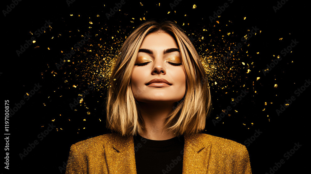 Artistic portrait of serene woman with golden accents and sparkles Artistic portrait of serene woman with golden accents and sparkles