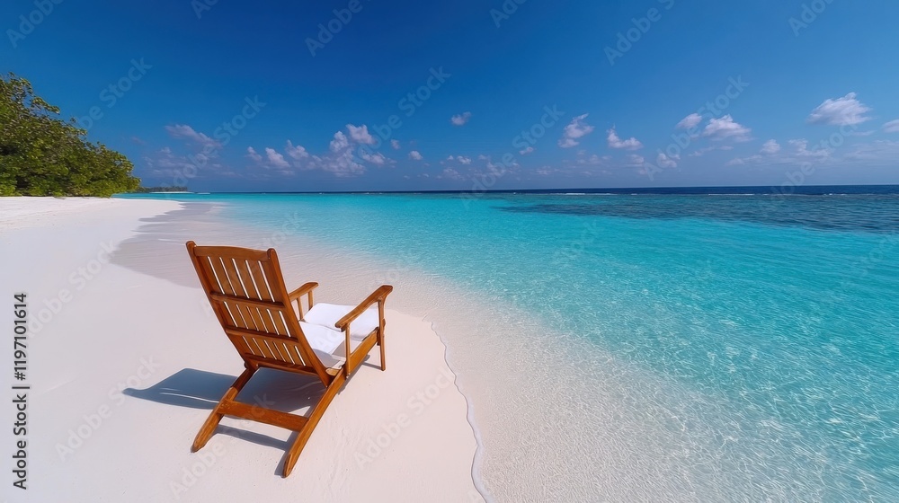 Serenity awaits on a tranquil Maldives beach with inviting chairs Serenity awaits on a tranquil Maldives beach with inviting chairs