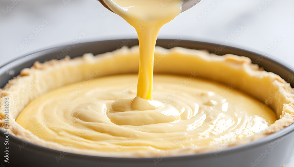 Making a cake, the cake batter inside a wall mix the ingredients according to the recipe' pouring vanilla batter into cake pan Batter flowing into pie crust. Pouring filling into pie crust Making a cake, the cake batter inside a wall mix the ingredients according to the recipe' pouring vanilla batter into cake pan Batter flowing into pie crust. Pouring filling into pie crust