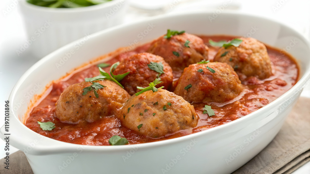 Meatballs in Tomato Sauce with Herb Garnish on white surface Meatballs in Tomato Sauce with Herb Garnish on white surface