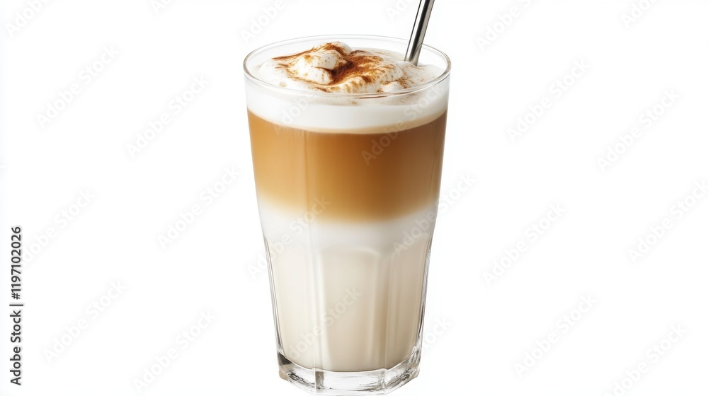 A tall glass of iced coffee layered with milk and cream, with a metal straw inserted. A tall glass of iced coffee layered with milk and cream, with a metal straw inserted.