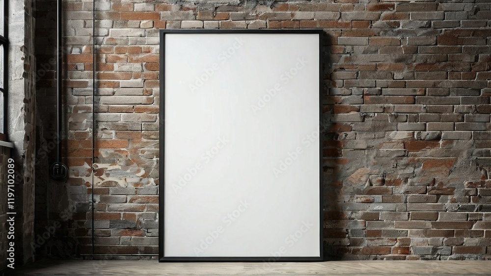 Empty frame on a rustic brick wall, showcasing potential for art display or decoration Empty frame on a rustic brick wall, showcasing potential for art display or decoration