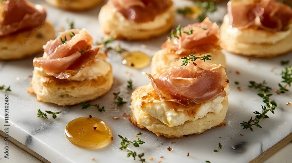 A closeup of snackable Asiago cheese biscuits filled with delicate prosciutto, arranged on a marble platter with a drizzle of honey and scattered fresh thyme leaves A closeup of snackable Asiago cheese biscuits filled with delicate prosciutto, arranged on a marble platter with a drizzle of honey and scattered fresh thyme leaves