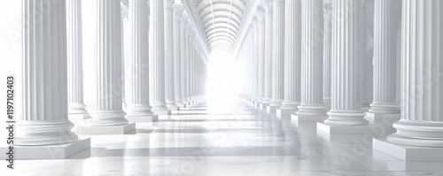 A long hallway with white pillars photo