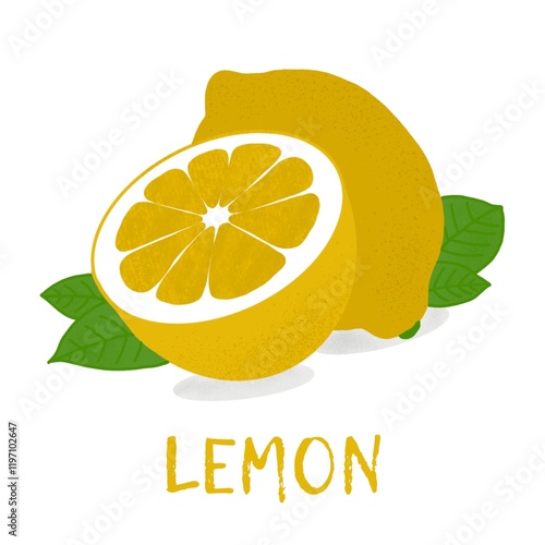 hand drawn illustration of lemons isolated on white background. Lettering Lemon