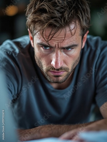 A man intensely concentrating, leaning forward with furrowed brows, appearing deep in thought in a low-light setting. photo