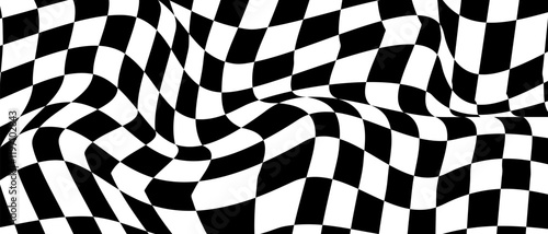 Chess wavy board optical visual illusion, checkerboard banner template. Black and white checkers squares, vector abstract background.