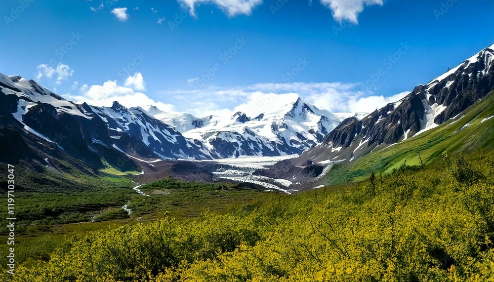 Fototapeta premium Picturesque Mountains of Alaska in summer. Snow covered massifs,