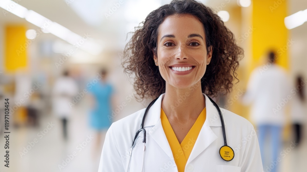 Smiling female doctor in busy hospital showcasing telehealth expertise Smiling female doctor in busy hospital showcasing telehealth expertise