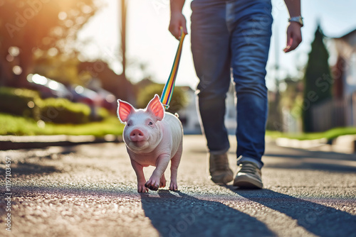 A man walking a miniature teacup pig on a colorful rainbow leash in a sunny suburban neighborhood, friendly and playful feel.
