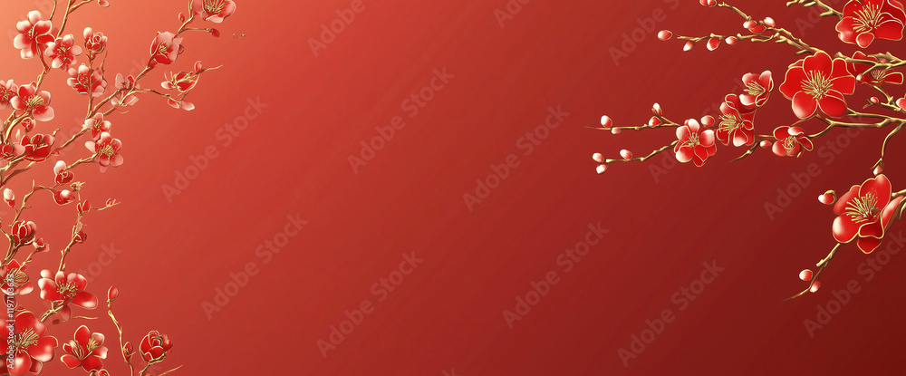 Blooming cherry blossoms on a vivid red background with golden accents Blooming cherry blossoms on a vivid red background with golden accents