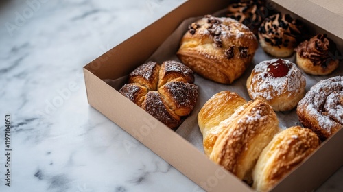 Delicious assortment of pastries in simple cardboard box on marb photo