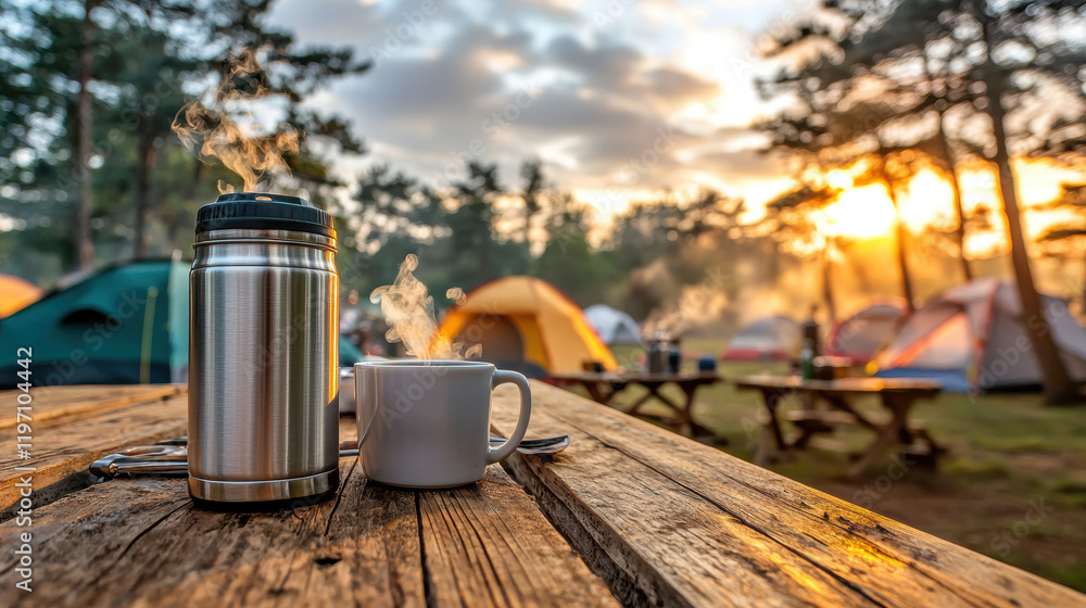 serene camping scene featuring thermos and steaming cup on wooden table, surrounded by tents and nature beauty serene camping scene featuring thermos and steaming cup on wooden table, surrounded by tents and nature beauty