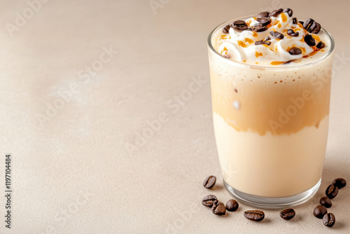 Delicious Latte Coffee Drink Topped With Cream and Coffee Beans Served in a Glass Cup