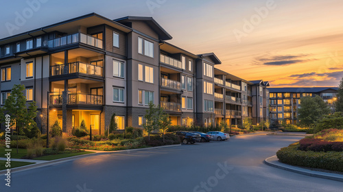 The exterior design of a large residential complex several floors high with modern architecture