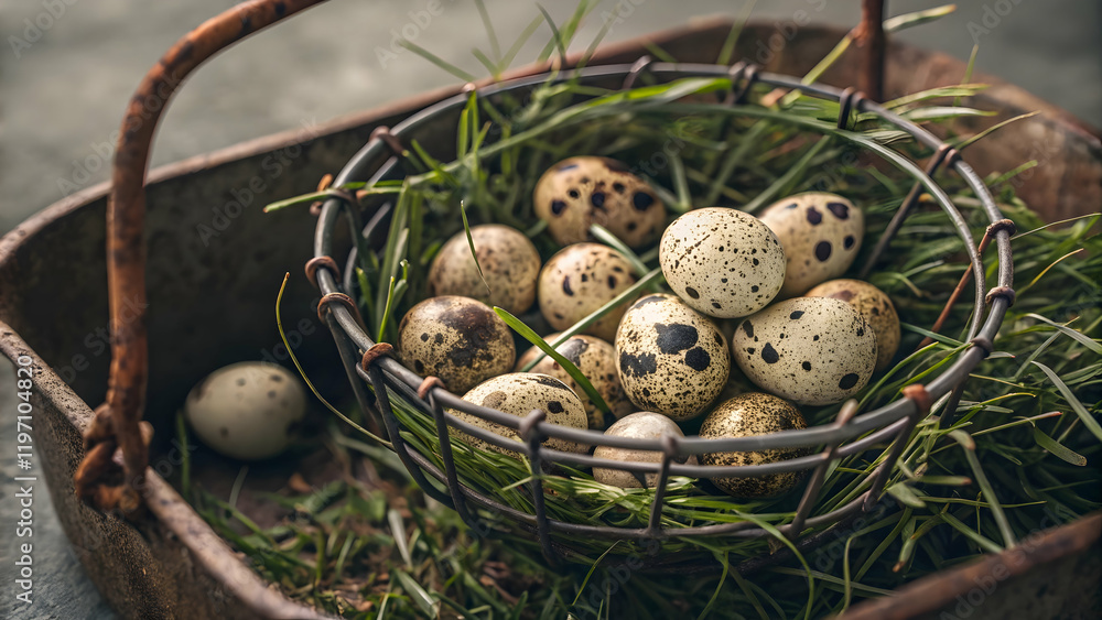 Rustic Quail Eggs in Wire Basket with Grass Nest Rustic Quail Eggs in Wire Basket with Grass Nest