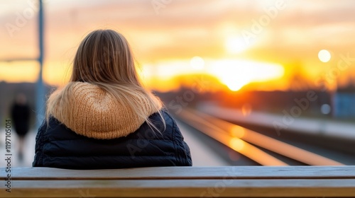 Lonely girl gazes at the sunset from a quiet train platform