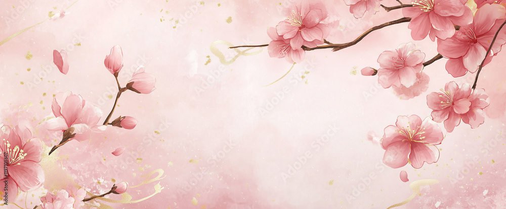 Blooming cherry blossoms on a vivid pink background with golden accents Blooming cherry blossoms on a vivid pink background with golden accents