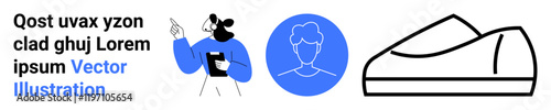Person with book and pointing hand, female avatar in a blue circle, and minimalistic shoe outline. Ideal for websites, branding, marketing, avatars, design templates, education, fashion. Landing page