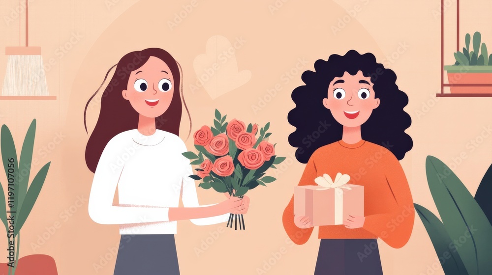 Two Women Celebrating Friendship with Flowers and a Gift in a Cozy Indoor Setting Two Women Celebrating Friendship with Flowers and a Gift in a Cozy Indoor Setting