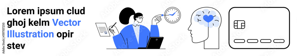 Businesswoman reviews document, points at clock, laptop open head profile with heart in brain credit card. Ideal for business, productivity, mental health, finance, time management, tech solutions Businesswoman reviews document, points at clock, laptop open head profile with heart in brain credit card. Ideal for business, productivity, mental health, finance, time management, tech solutions
