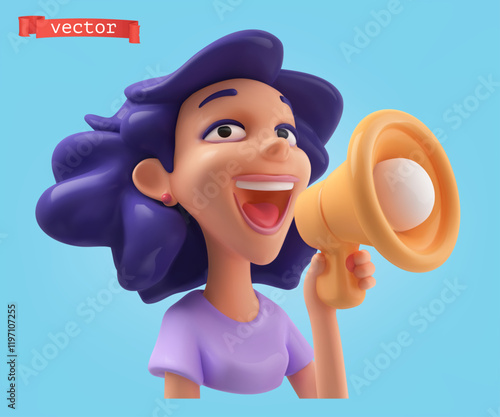 Girl shouting into a megaphone. 3d render vector cartoon icon