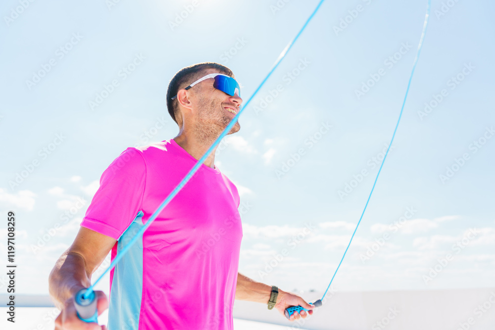 Man skipping rope outdoors under a bright sky while wearing sunglasses and a pink shirt Man skipping rope outdoors under a bright sky while wearing sunglasses and a pink shirt