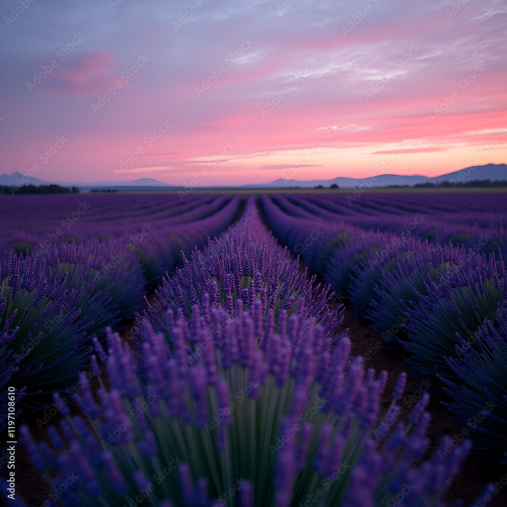 a serene lavender field at dusk with rows of blooming lavender a serene lavender field at dusk with rows of blooming lavender