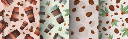 Set of seamless patterns with coffee beans and paper cups. Collection of light coffee-themed prints for packaging or backgrounds.