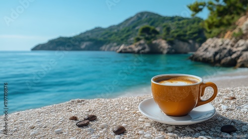 Enjoying Turkish coffee by the serene sea beach at sunrise