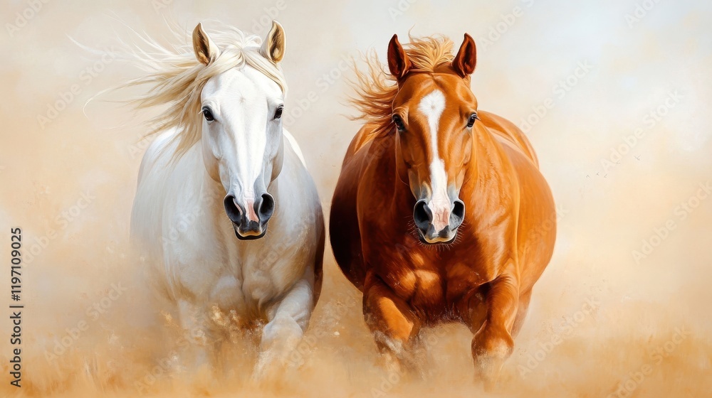 Fototapeta premium Horses gallop together in a sunlit meadow surrounded by nature's beauty