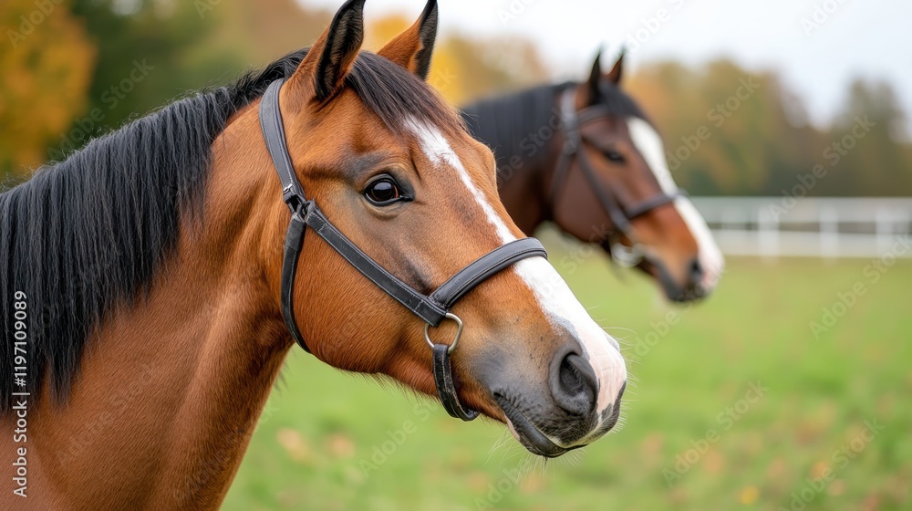 Horses grazing peacefully in a vibrant meadow during autumn Horses grazing peacefully in a vibrant meadow during autumn