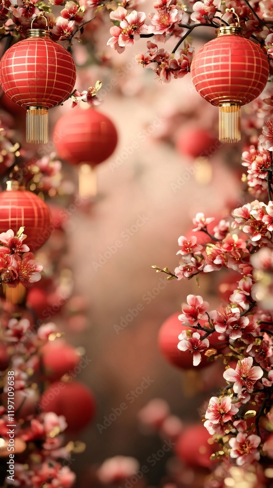 Obraz premium Front View of Chinese new year's frame background. Red Lanterns and Floral cherry blossoms. Red and gold tones. Blurred background. Copy Space. Generative AI