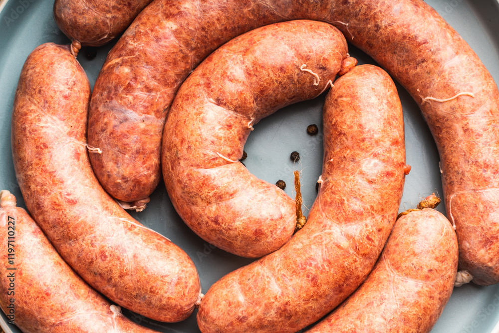 Homemade sausage cooked in sous vide on a blue plate on a wooden background. Close-up. Homemade sausage cooked in sous vide on a blue plate on a wooden background. Close-up.