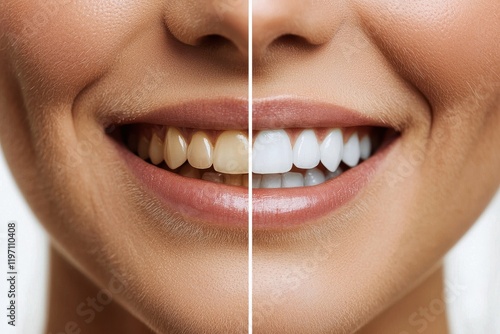 Before and after teeth whitening transformation showing stained to bright white smile with natural lighting.