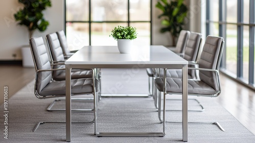Modern conference room with white table and gray chairs
