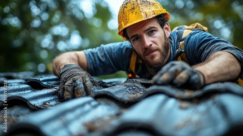 Worker inspects cracked roof tiles under a cloudy sky in autumn Worker inspects cracked roof tiles under a cloudy sky in autumn
