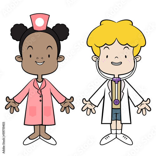 A Couple kids cartoon characters playing as a doctor and nurse with medical staff uniform and stethoscope toys. Best for sticker, logo, and mascot with profession themes for kids