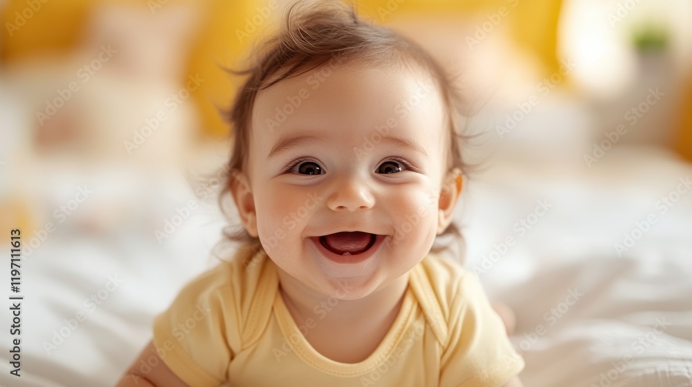 Joyful baby girl smiling and crawling on bed in bright bedroom Joyful baby girl smiling and crawling on bed in bright bedroom
