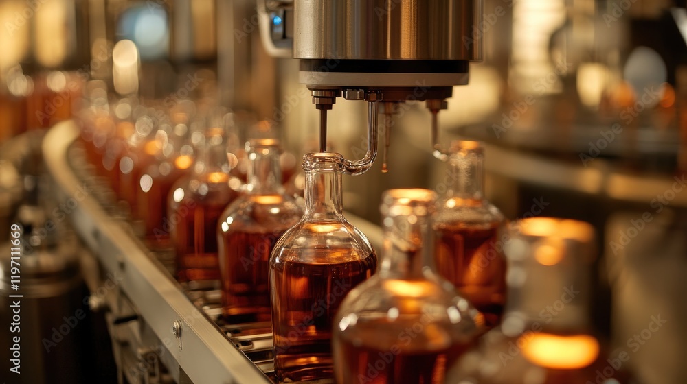 A beverage filling machine at work in a bottling plant, with bottles moving down the production line, highlighting the efficiency of beverage production in a modern factory A beverage filling machine at work in a bottling plant, with bottles moving down the production line, highlighting the efficiency of beverage production in a modern factory