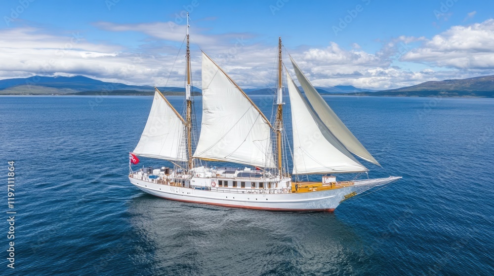 A stunning vessel sails gracefully over calm waters, surrounded by distant mountains and a picturesque sky filled with fluffy clouds A stunning vessel sails gracefully over calm waters, surrounded by distant mountains and a picturesque sky filled with fluffy clouds