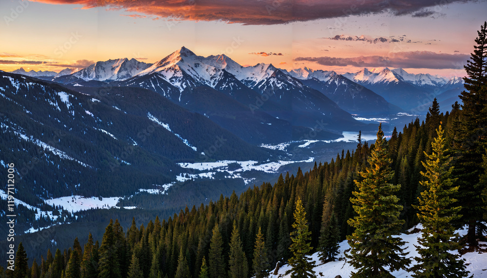 Naklejka premium Lever du soleil sur les montagnes enneigées
