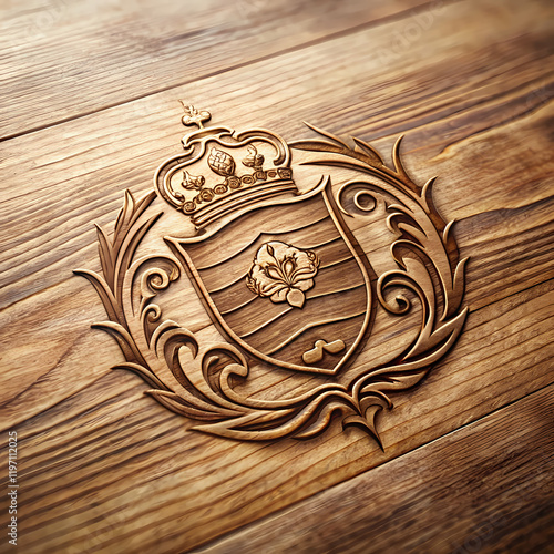 Elegant Wooden Crest Royal Shield Design Luxury Emblem Vintage Background art logo gold rich crown   photo