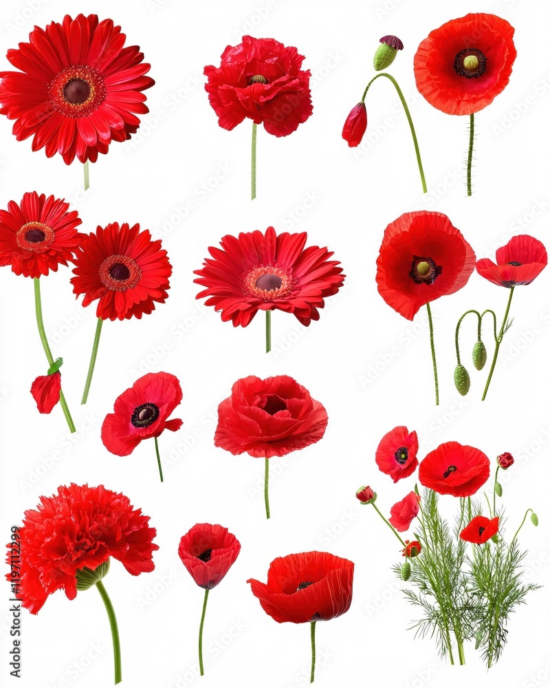Fototapeta premium Vibrant Red Flowers Collection Gerbera Poppy Carnation Blooms Isolated on White Background