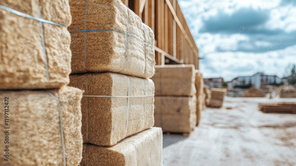 Construction materials stacked neatly, showcasing industrial lan Construction materials stacked neatly, showcasing industrial lan