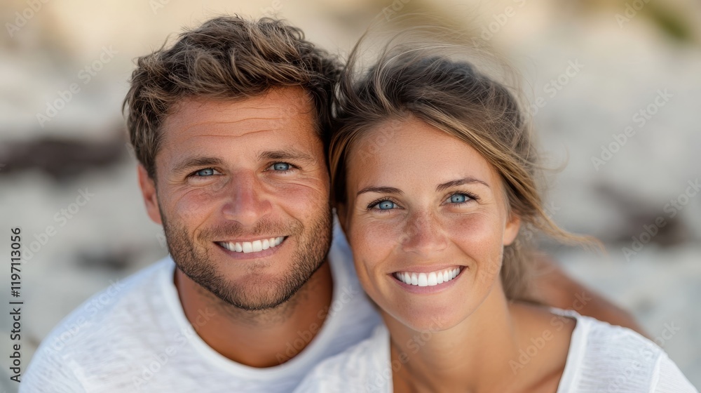 Loving couple enjoying a sunny day at the beach with bright smiles Loving couple enjoying a sunny day at the beach with bright smiles