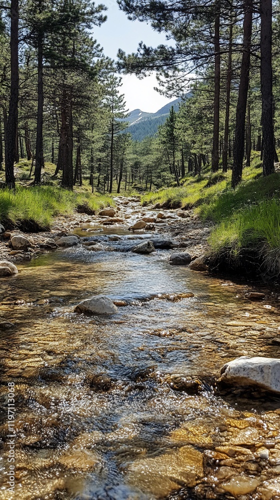 Mountain stream flows through pine forest Mountain stream flows through pine forest