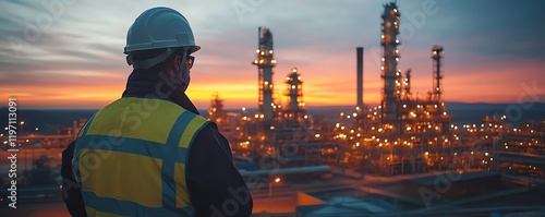 Engineer in safety gear, watching an oil refinery s operations as the sun sets, warm light reflections, intricate details, ultrarealistic, highdefinition clarity photo