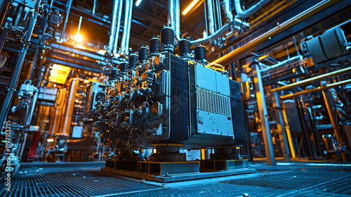 Close-up of a power transformer with high-voltage cables and circuit breakers surrounding it, amidst a complex substation environment. photo