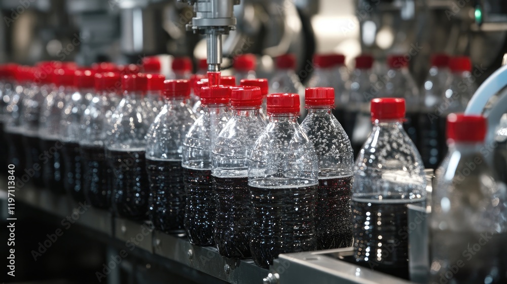 A close-up of bottles being filled by a beverage filling machine on a production line, illustrating the process of beverage manufacturing and food processing in an industrial setting